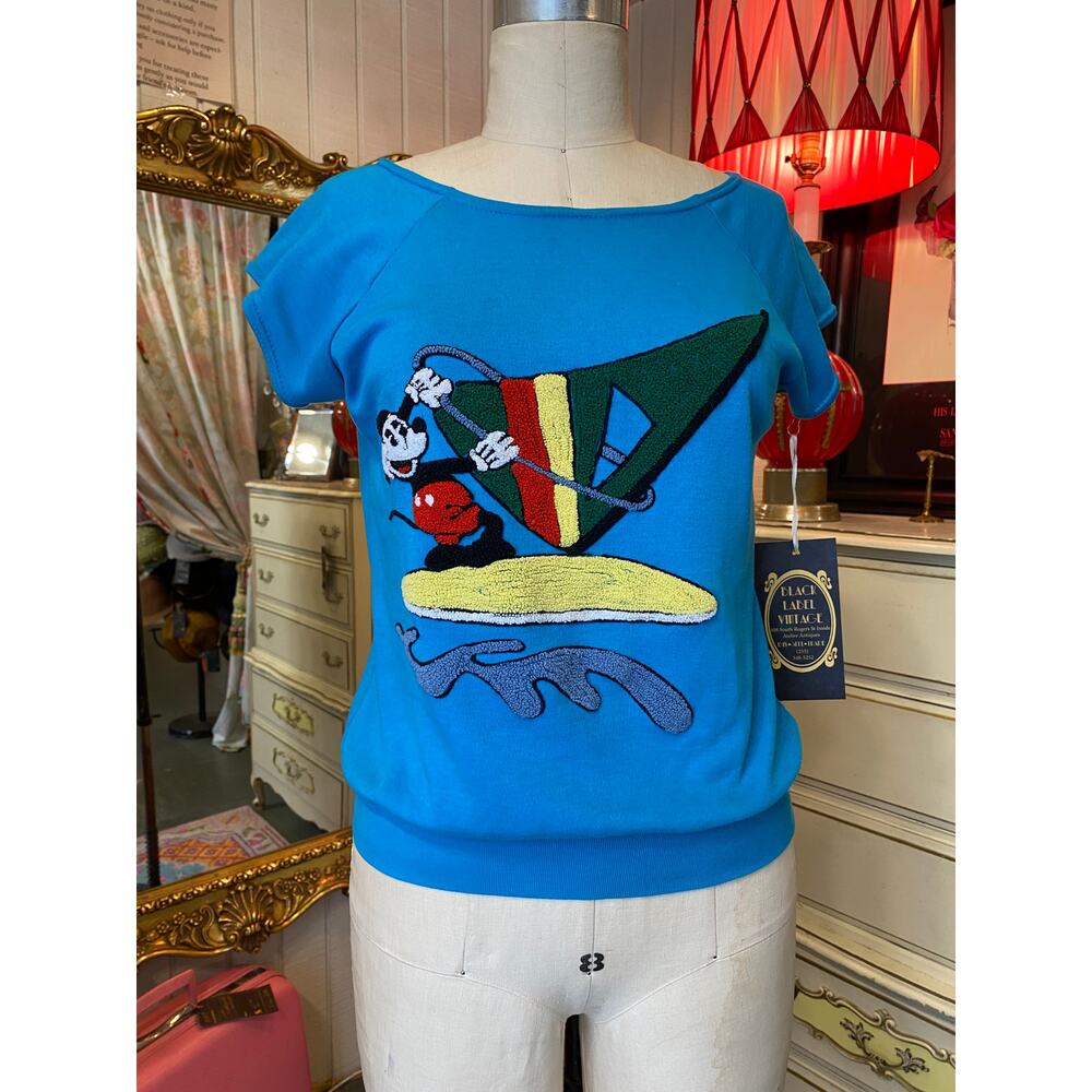 vintage 1980s mickey mouse sweatshirt crewel embroidered cap sleeve 80s fashion